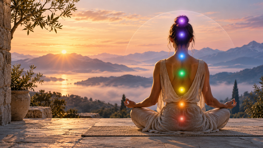Gün doğumunda yedi renkli ışıkla sembolik çakra meditasyonu yapan kişi
