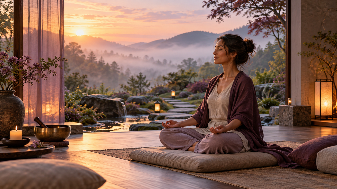 Gün doğumunda sakin bir ortamda meditasyon yapan kişi ve farklı meditasyon türlerini çağrıştıran yürüyüş yolu ile ses çanağı