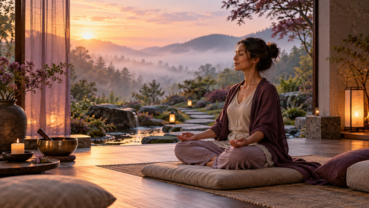 Gün doğumunda sakin bir ortamda meditasyon yapan kişi ve farklı meditasyon türlerini çağrıştıran yürüyüş yolu ile ses çanağı