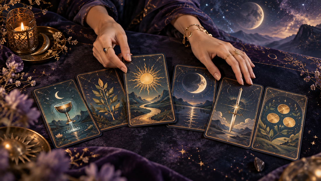 Tarot kartlarının sembolik anlamlarını anlatan yazısız, mor ve altın tonlu kompozisyon