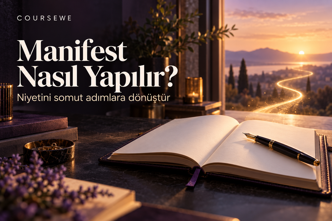 Manifest nasıl yapılır rehberi: açık günlük, dolma kalem ve gün doğumuna uzanan ışıklı yol