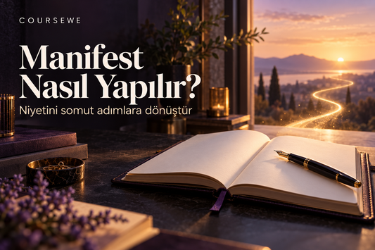 Manifest nasıl yapılır rehberi: açık günlük, dolma kalem ve gün doğumuna uzanan ışıklı yol