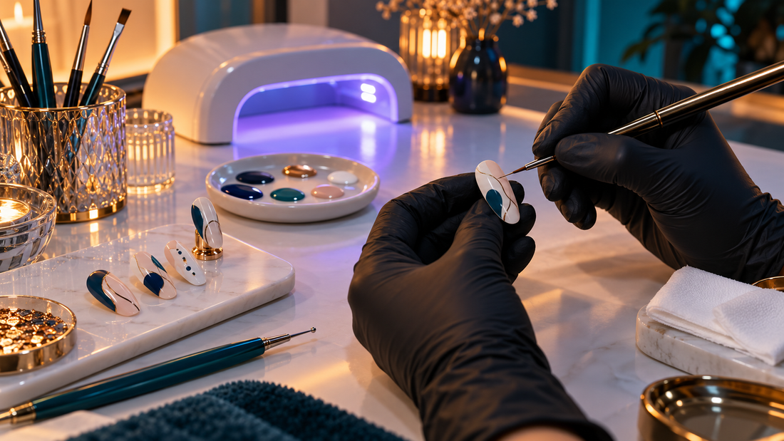 Nail art fırçasıyla uygulama tipine minimal desen çizen eldivenli eller