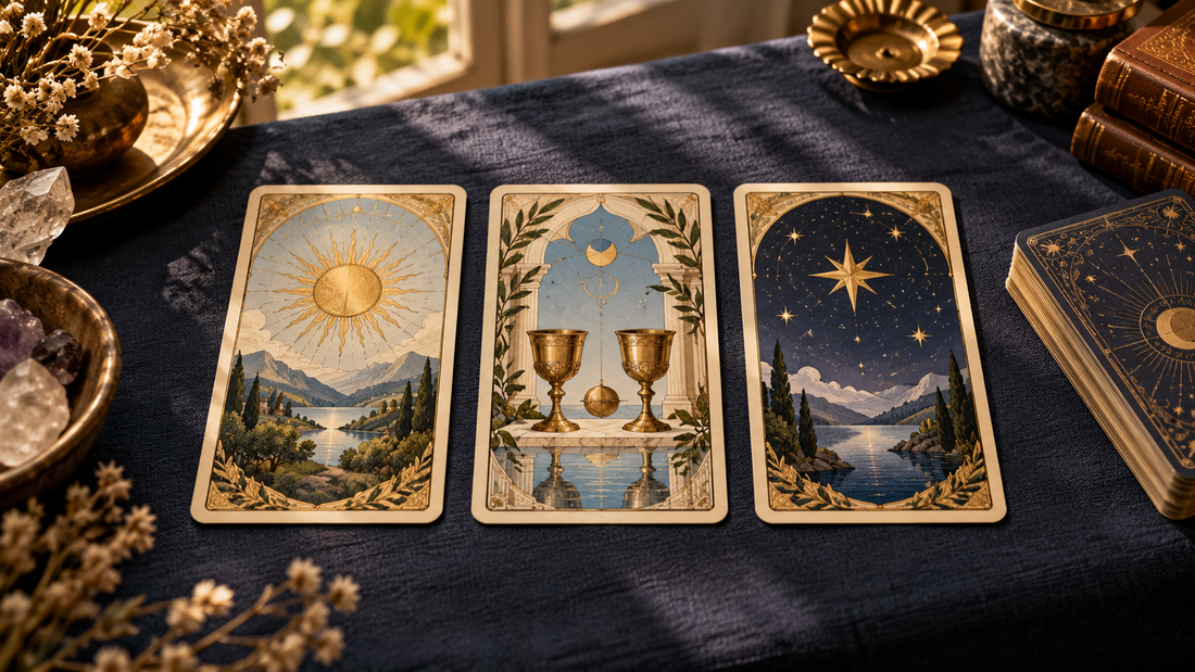 Lacivert kumaş üzerinde yan yana duran, güneş, kaplar ve yıldız motifli üç yazısız tarot kartı