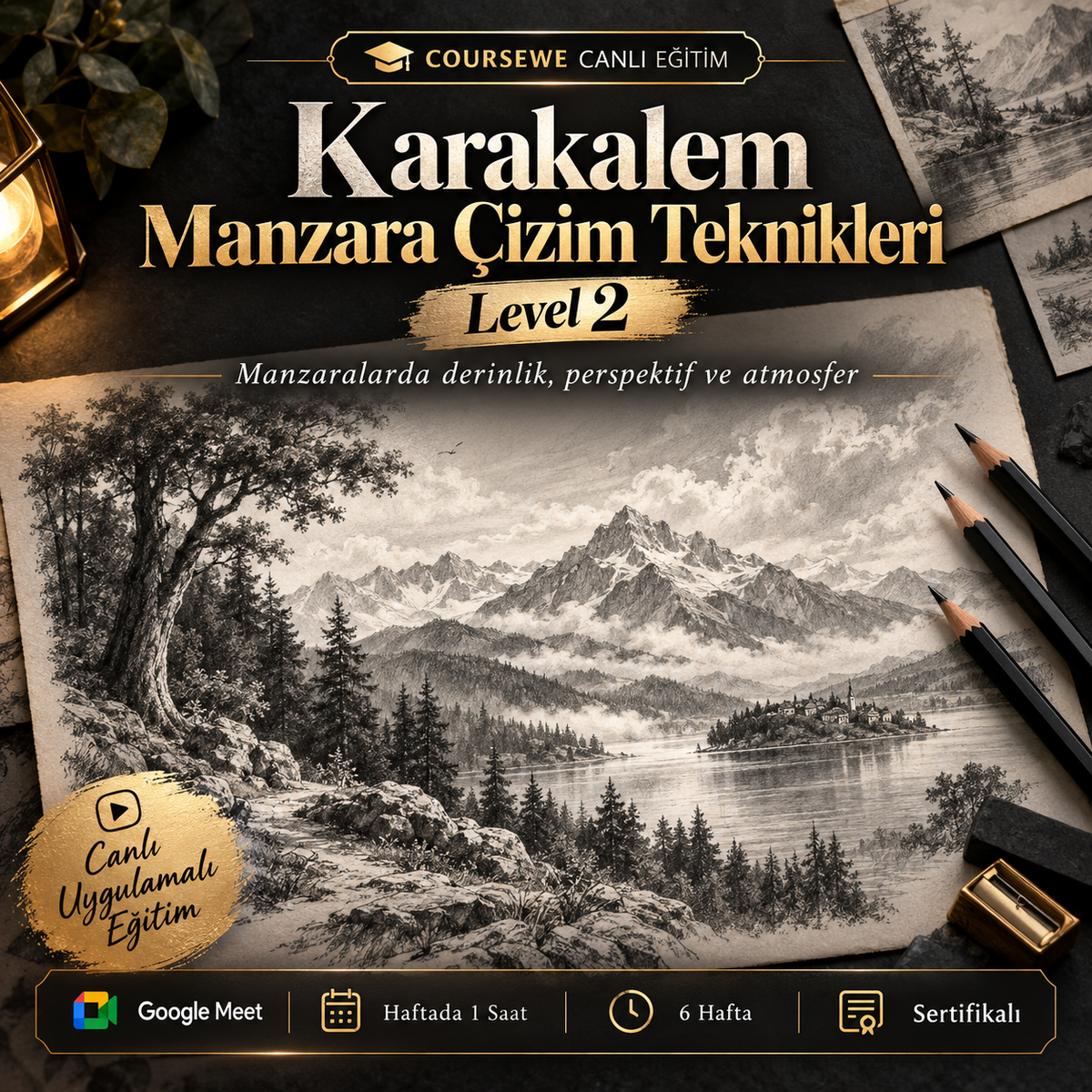 Karakalem Manzara Çizim Teknikleri (Level 2) - 6 Haftalık Canlı Eğitim - (Uluslarası Katılım Sertifikası Hediye)