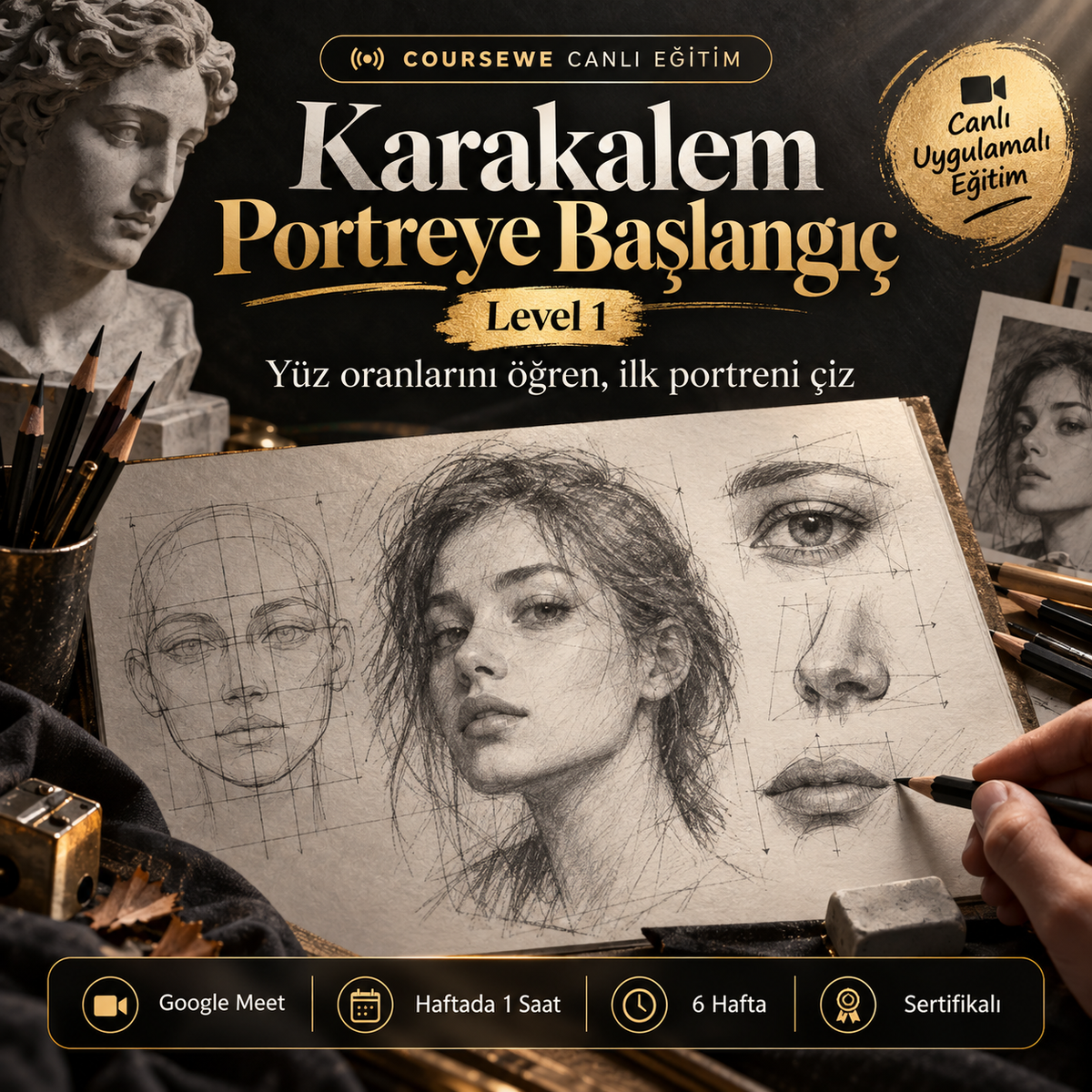 Karakalem Portreye Başlangıç (Level 1) - 6 Haftalık Canlı Eğitim - (Uluslarası Katılım Sertifikası Hediye)