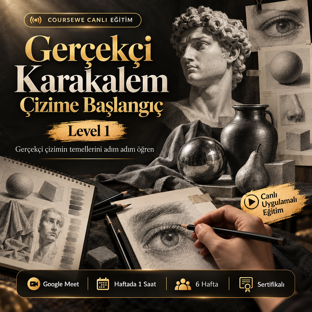 Gerçekçi Karakalem Çizime Başlangıç (Level 1) - 6 Haftalık Canlı Eğitim - (Uluslarası Katılım Sertifikası Hediye)