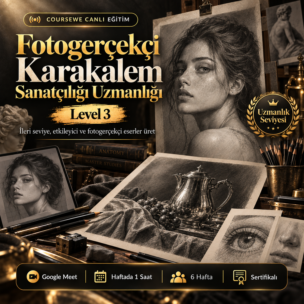 Fotogerçekçi Karakalem Sanatçılığı Uzmanlığı (Level 3) - 6 Haftalık Canlı Eğitim - (Uluslarası Katılım Sertifikası Hediye)