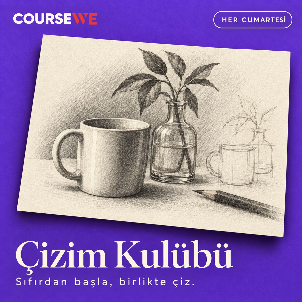 Coursewe Çizim Kulübü — her cumartesi canlı çizim, sıfırdan başla birlikte çiz; mor zemin üzerinde karakalem çalışması.