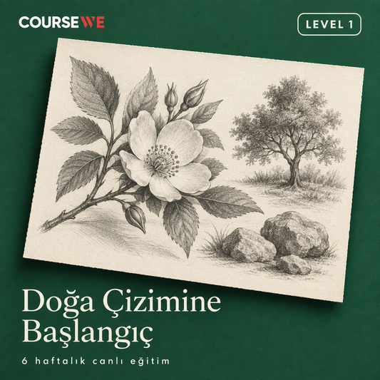 Doğa Çizimine Başlangıç, Level 1 — 6 haftalık canlı eğitim kapağı ve örnek karakalem çalışması.