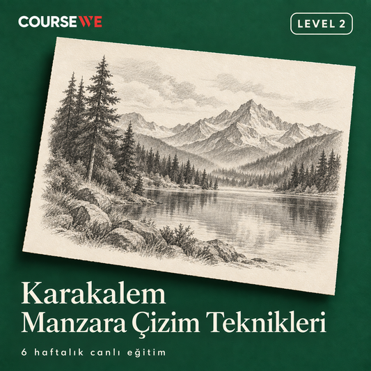 Karakalem Manzara Çizim Teknikleri, Level 2 — 6 haftalık canlı eğitim kapağı ve örnek karakalem çalışması.