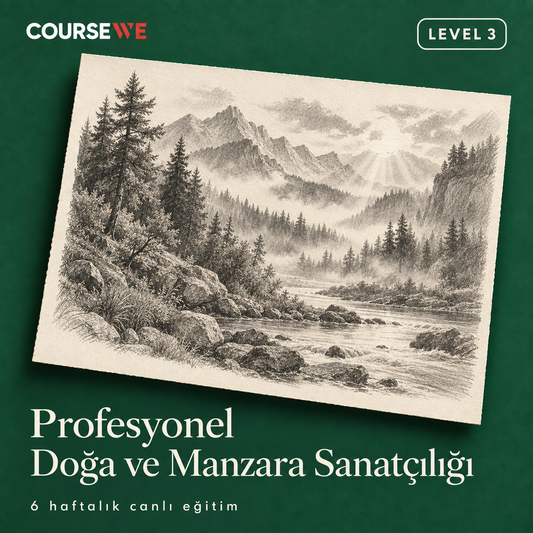 Profesyonel Doğa ve Manzara Sanatçılığı, Level 3 — 6 haftalık canlı eğitim kapağı ve örnek karakalem çalışması.