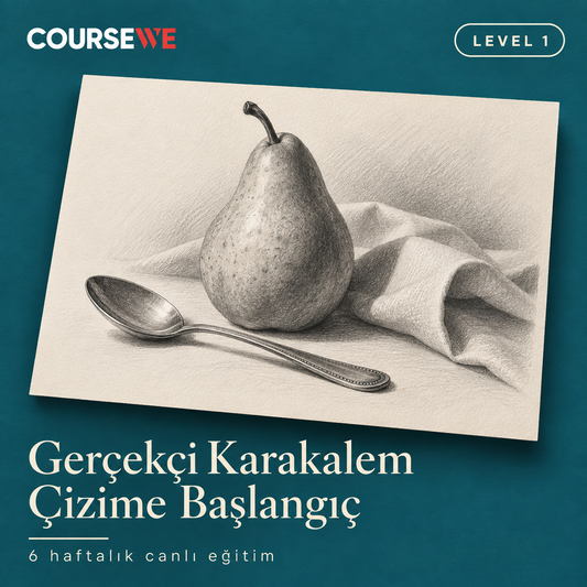 Gerçekçi Karakalem Çizime Başlangıç, Level 1 — 6 haftalık canlı eğitim kapağı ve örnek karakalem çalışması.
