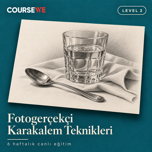 Fotogerçekçi Karakalem Teknikleri, Level 2 — 6 haftalık canlı eğitim kapağı ve örnek karakalem çalışması.