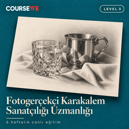 Fotogerçekçi Karakalem Sanatçılığı Uzmanlığı, Level 3 — 6 haftalık canlı eğitim kapağı ve örnek karakalem çalışması.