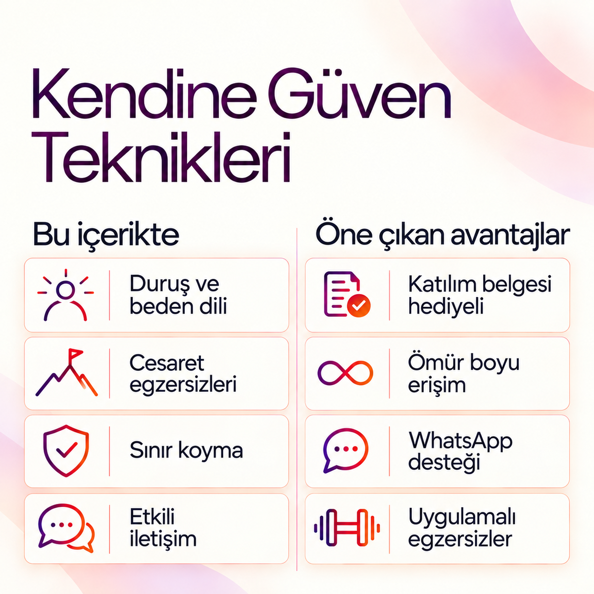 Kendine Güven Teknikleri: Duruş, Cesaret, Etki PDF E-Kitabı (Katılım Belgesi Hediyeli) — içerik ve avantajlar
