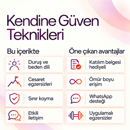 Kendine Güven Teknikleri: Duruş, Cesaret, Etki PDF E-Kitabı (Katılım Belgesi Hediyeli) — içerik ve avantajlar