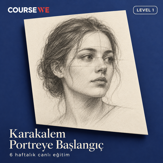 Karakalem Portreye Başlangıç, Level 1 — 6 haftalık canlı eğitim kapağı ve örnek karakalem çalışması.