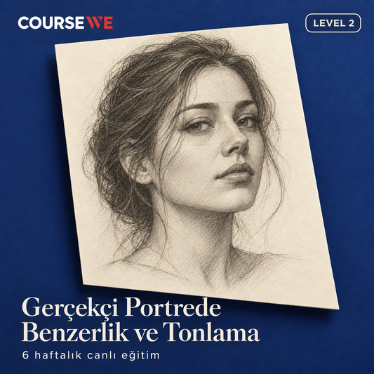Gerçekçi Portrede Benzerlik ve Tonlama, Level 2 — 6 haftalık canlı eğitim kapağı ve örnek karakalem çalışması.