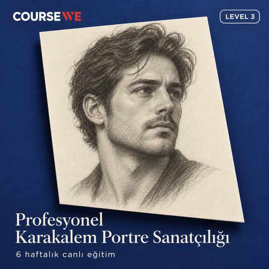 Profesyonel Karakalem Portre Sanatçılığı, Level 3 — 6 haftalık canlı eğitim kapağı ve örnek karakalem çalışması.