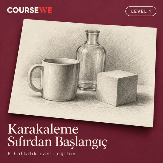 Karakaleme Sıfırdan Başlangıç, Level 1 — 6 haftalık canlı eğitim kapağı ve örnek karakalem çalışması.