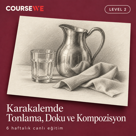 Karakalemde Tonlama, Doku ve Kompozisyon, Level 2 — 6 haftalık canlı eğitim kapağı ve örnek karakalem çalışması.