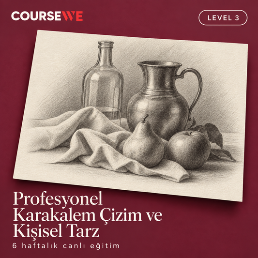 Profesyonel Karakalem Çizim ve Kişisel Tarz, Level 3 — 6 haftalık canlı eğitim kapağı ve örnek karakalem çalışması.